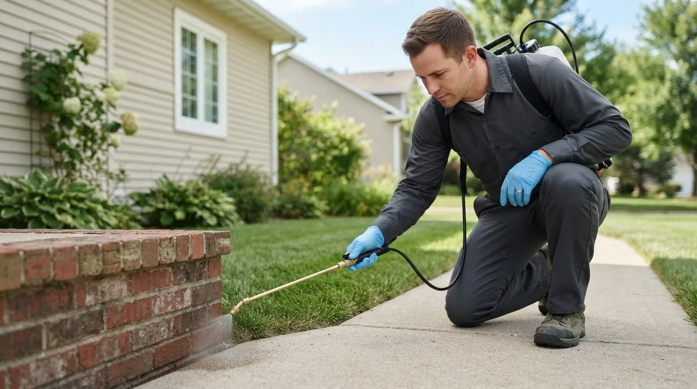 Pest control technician treating a home near Litchfield, OH