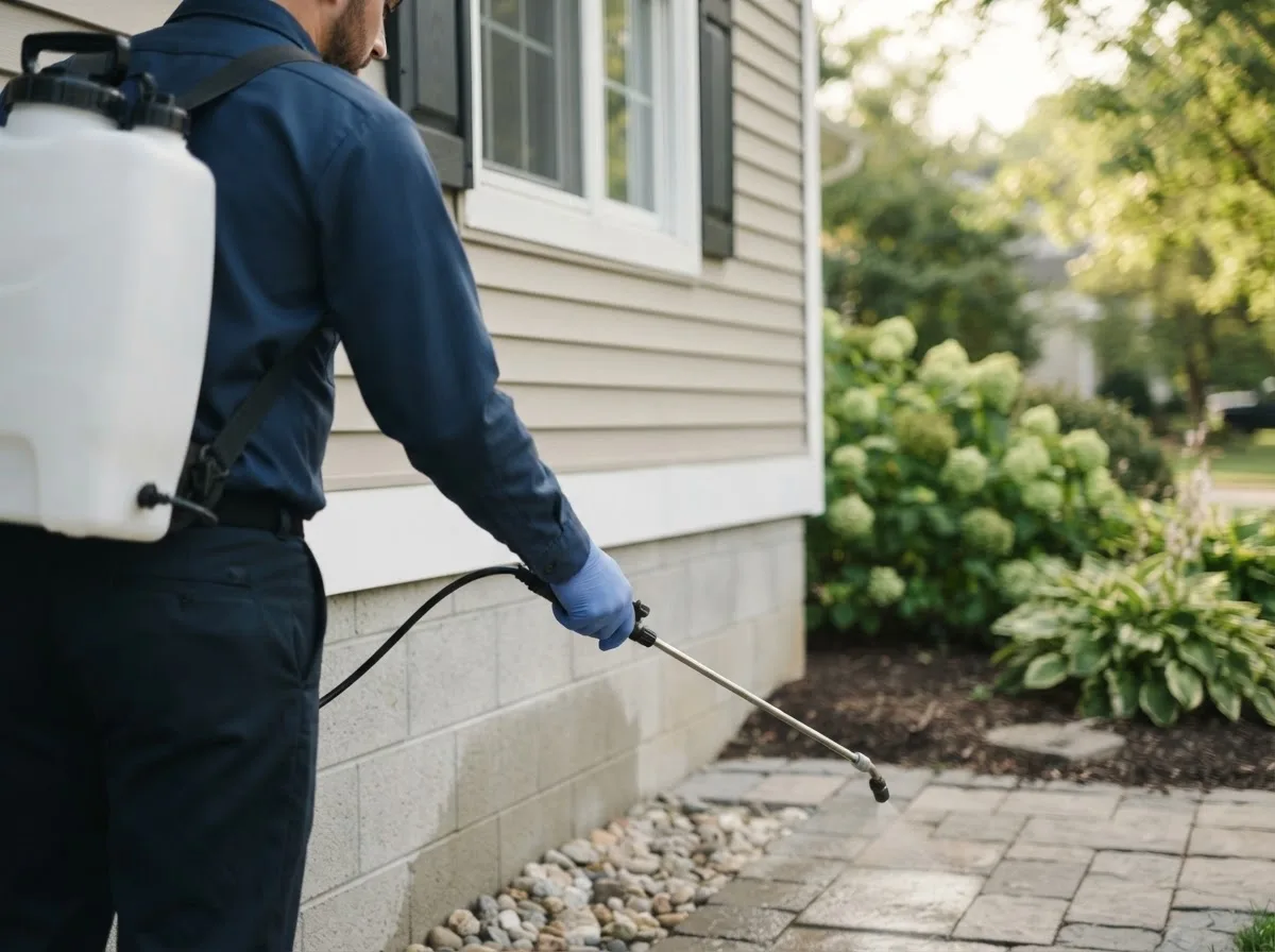 Pest control technician inspecting a home in Litchfield, OH